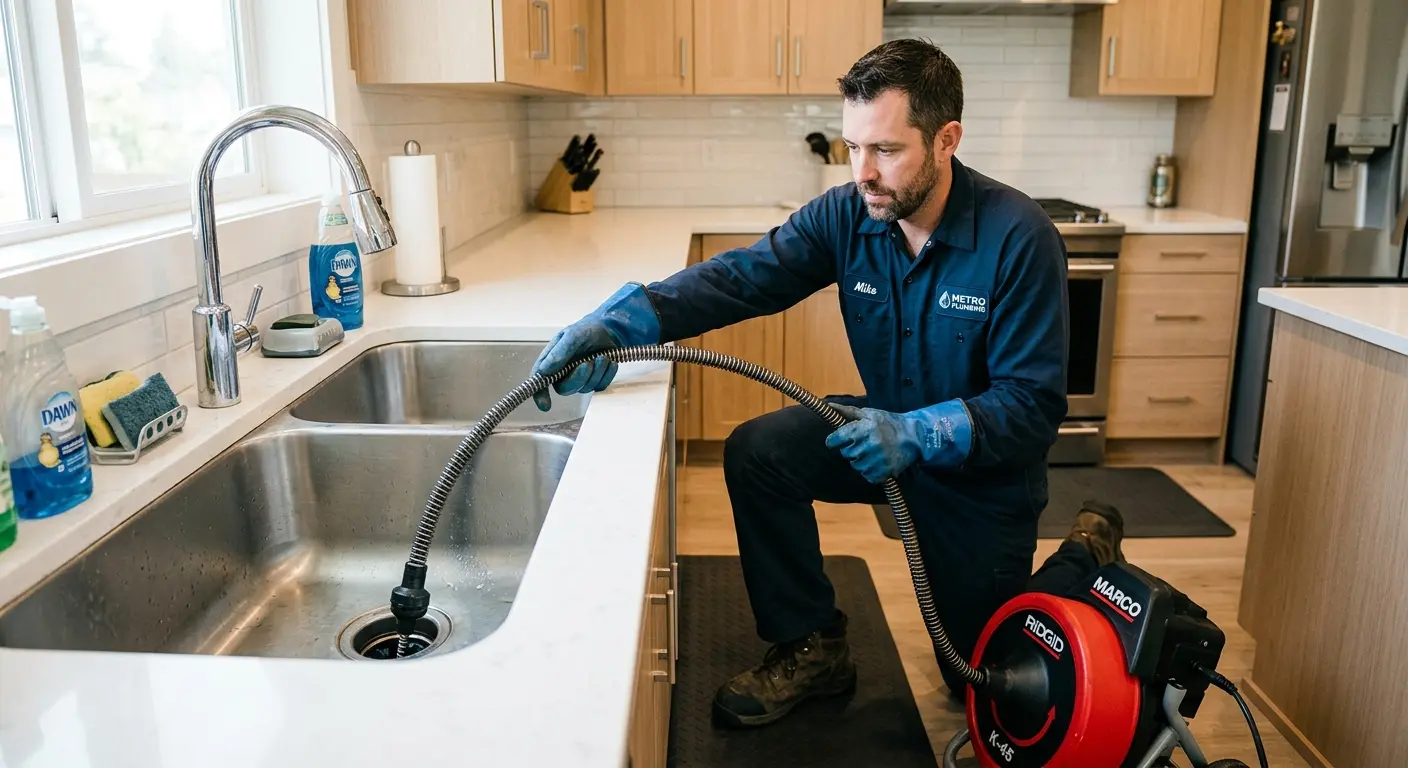 Drain cleaning technician using a motorized snake on a kitchen sink in San Diego Country Estates