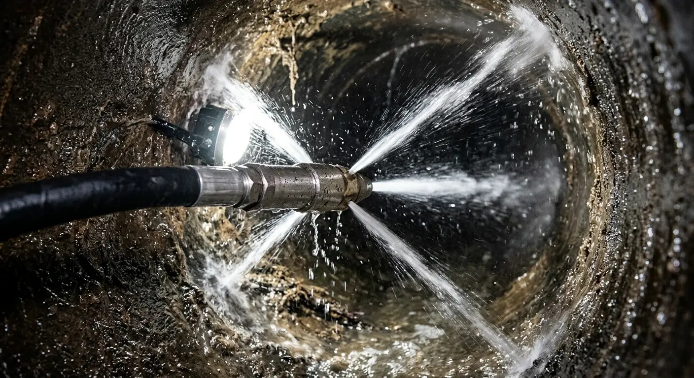 High-pressure hydro jetting nozzle cleaning sewer pipe for Storm Drain Cleaning in San Diego Country Estates