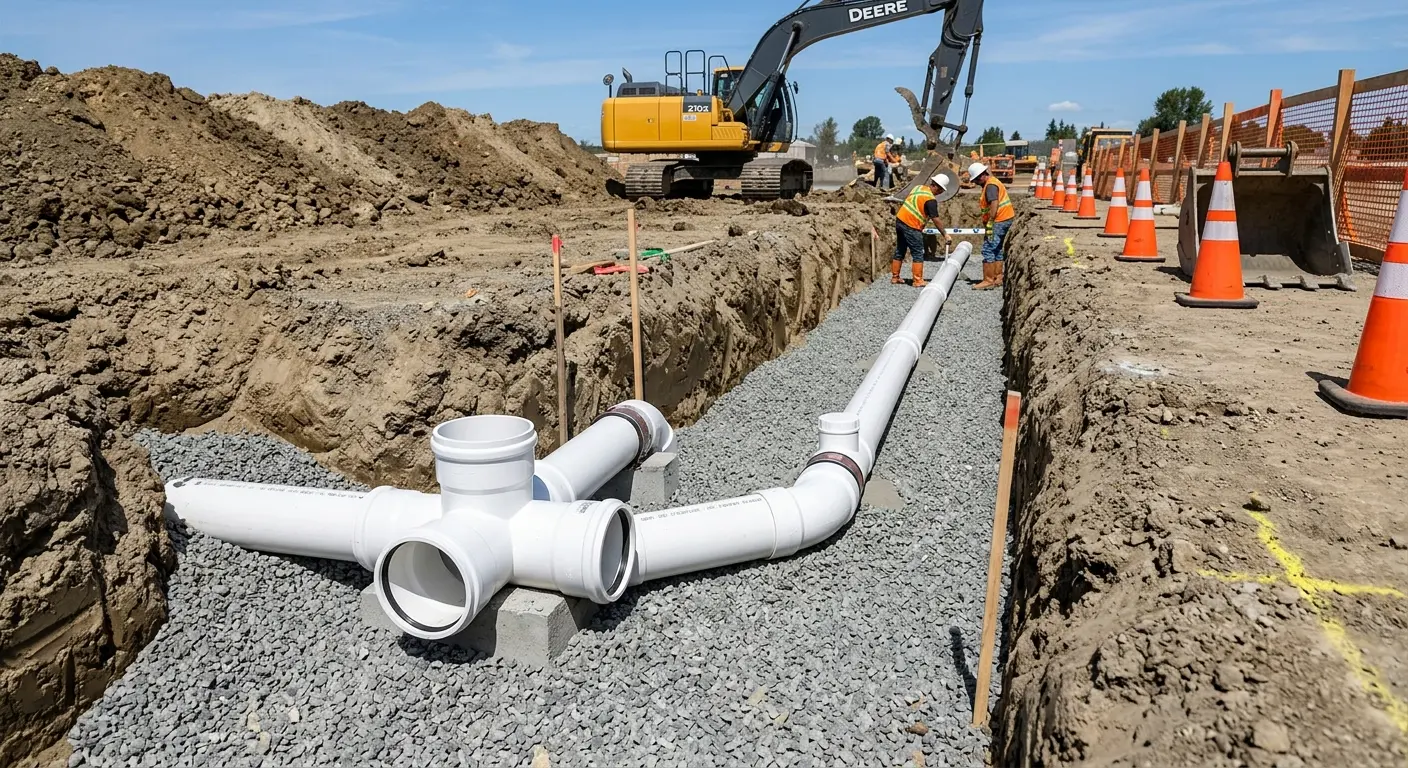 New PVC sewer pipe installation in open trench for Sewer Backup in San Diego Country Estates