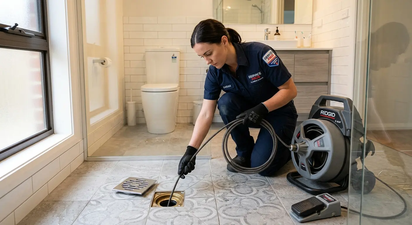 Technician clearing a bathroom floor drain for Hydro Jetting in San Diego Country Estates